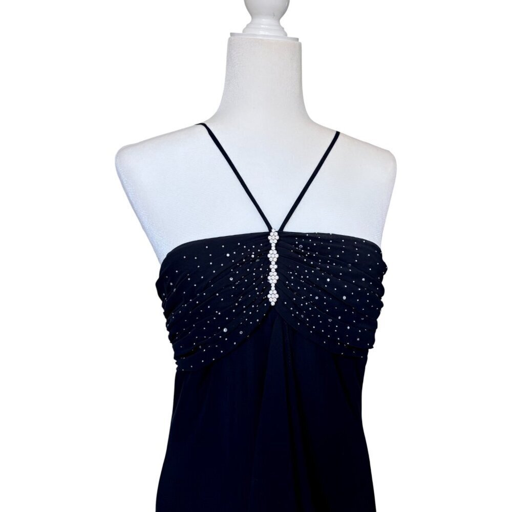 Vintage Chiffon Rhinestone Criss Cross Halter Dress Formal Prom Black Medium - Picture 2 of 6